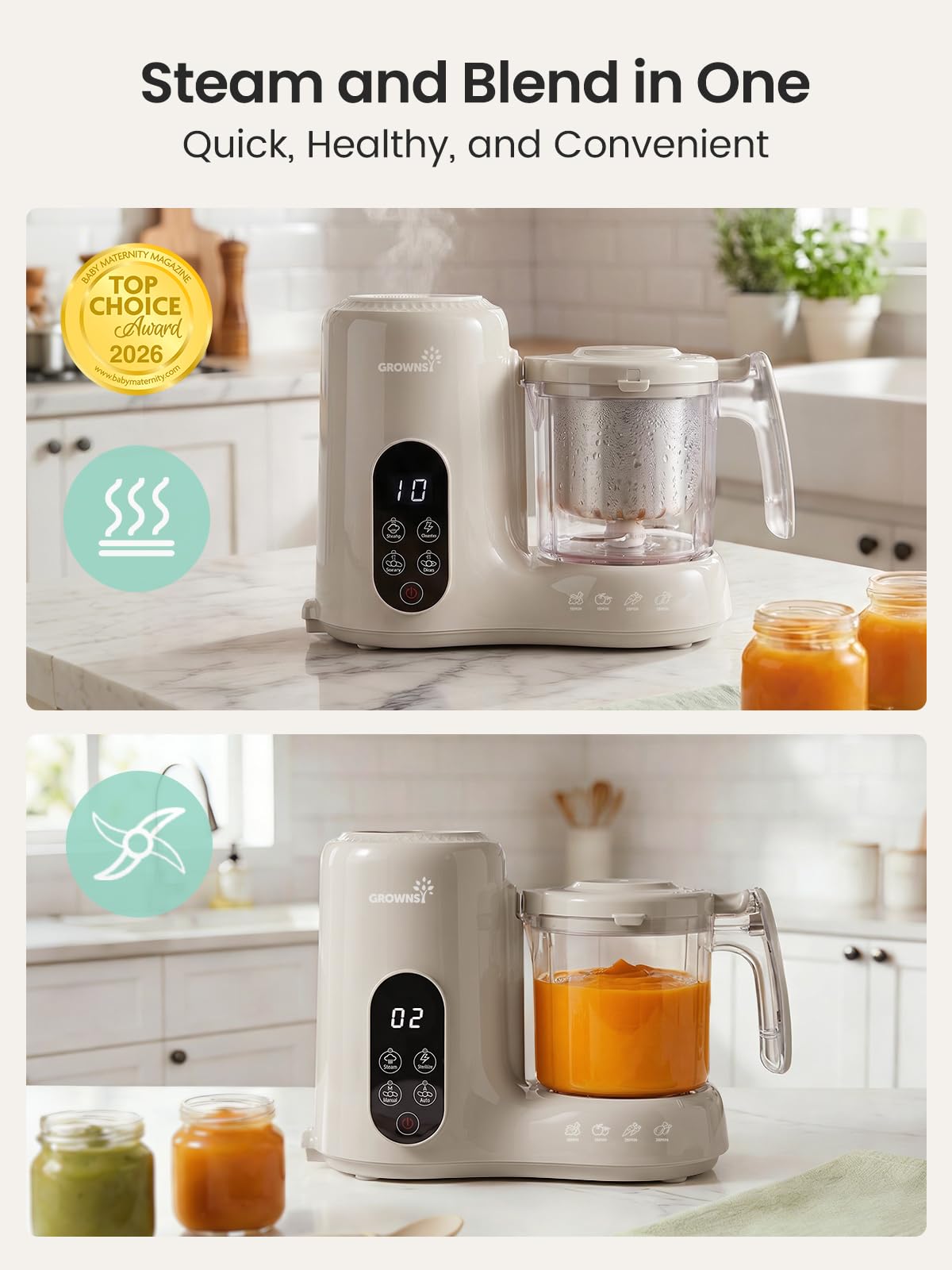 Grownsy Baby Food Maker with Stainless Steel Steam Basket,Steamer & Blender
