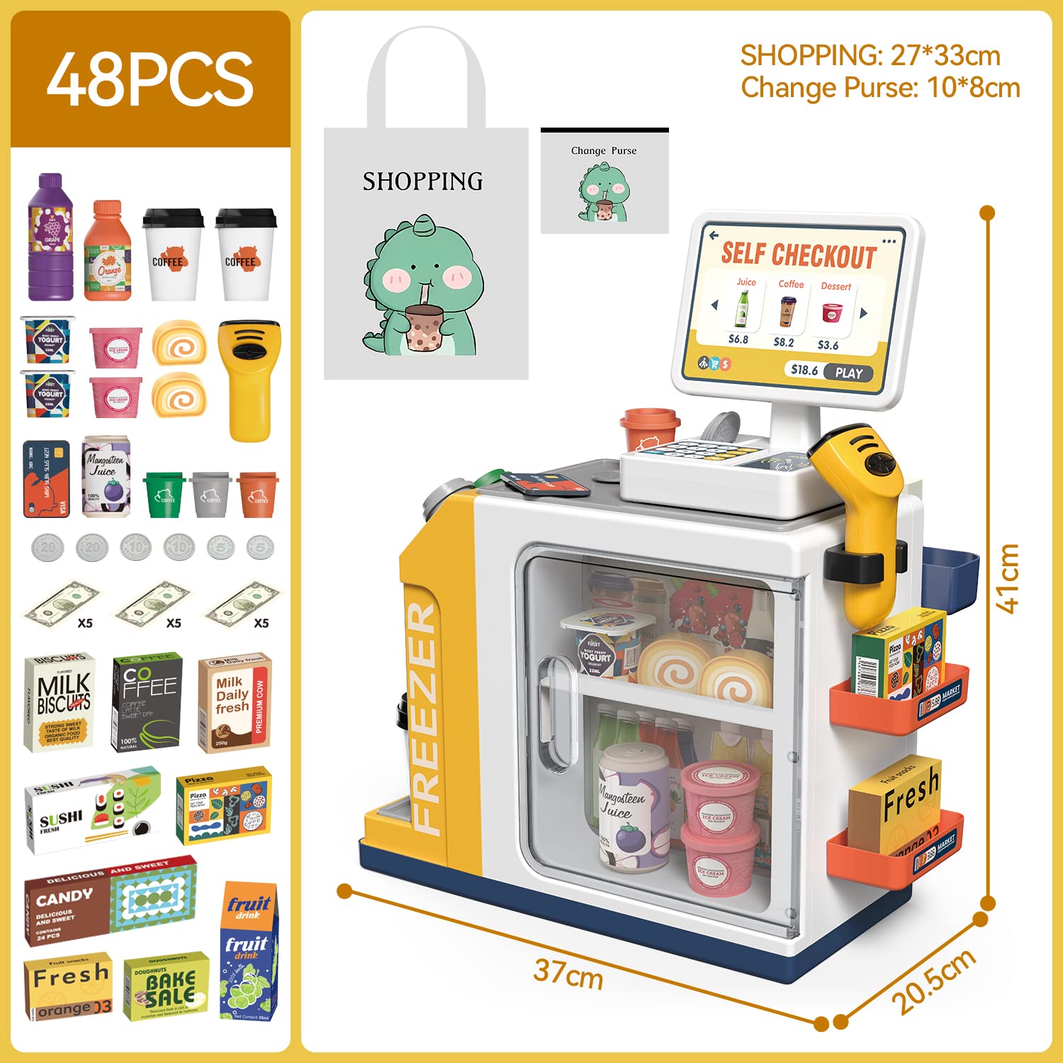 Kids Cash Register Playset - 48PCS Play Money, Calculator, Scanner,Ages 3+
