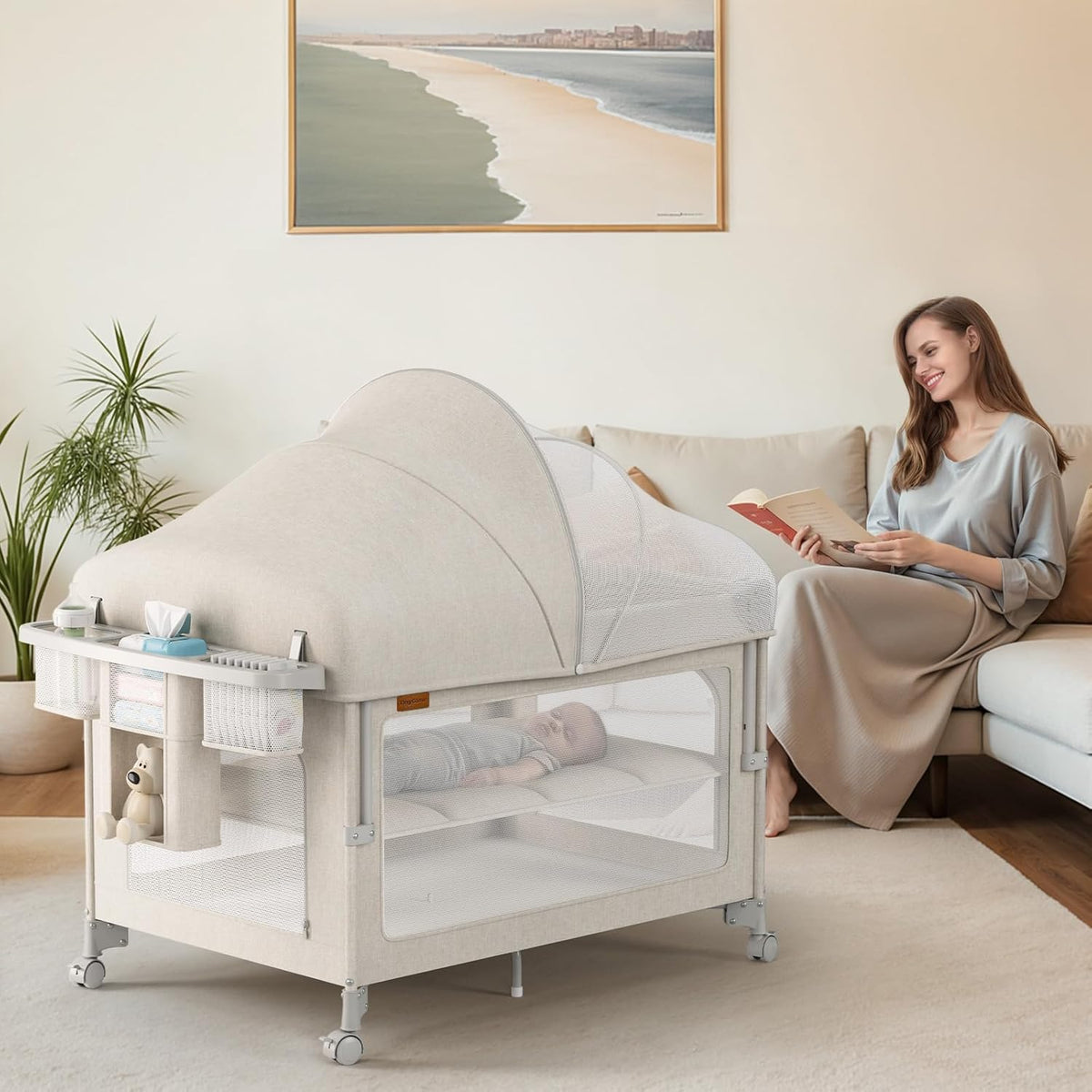 4 in 1 Baby Bassinet, Pack and Play, Bedside Crib Sleeper, Diaper Changer, Quickly Assembled and