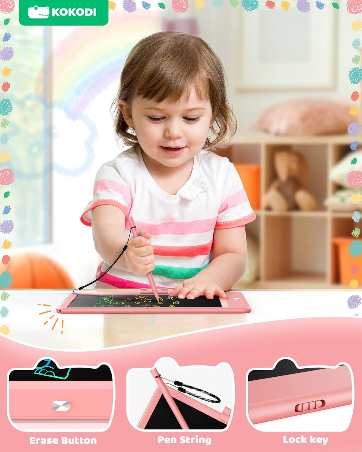 KOKODI LCD Writing Tablet, Valentines Day Gifts for Kids,10 Inch Colorful Toddler Doodle Board