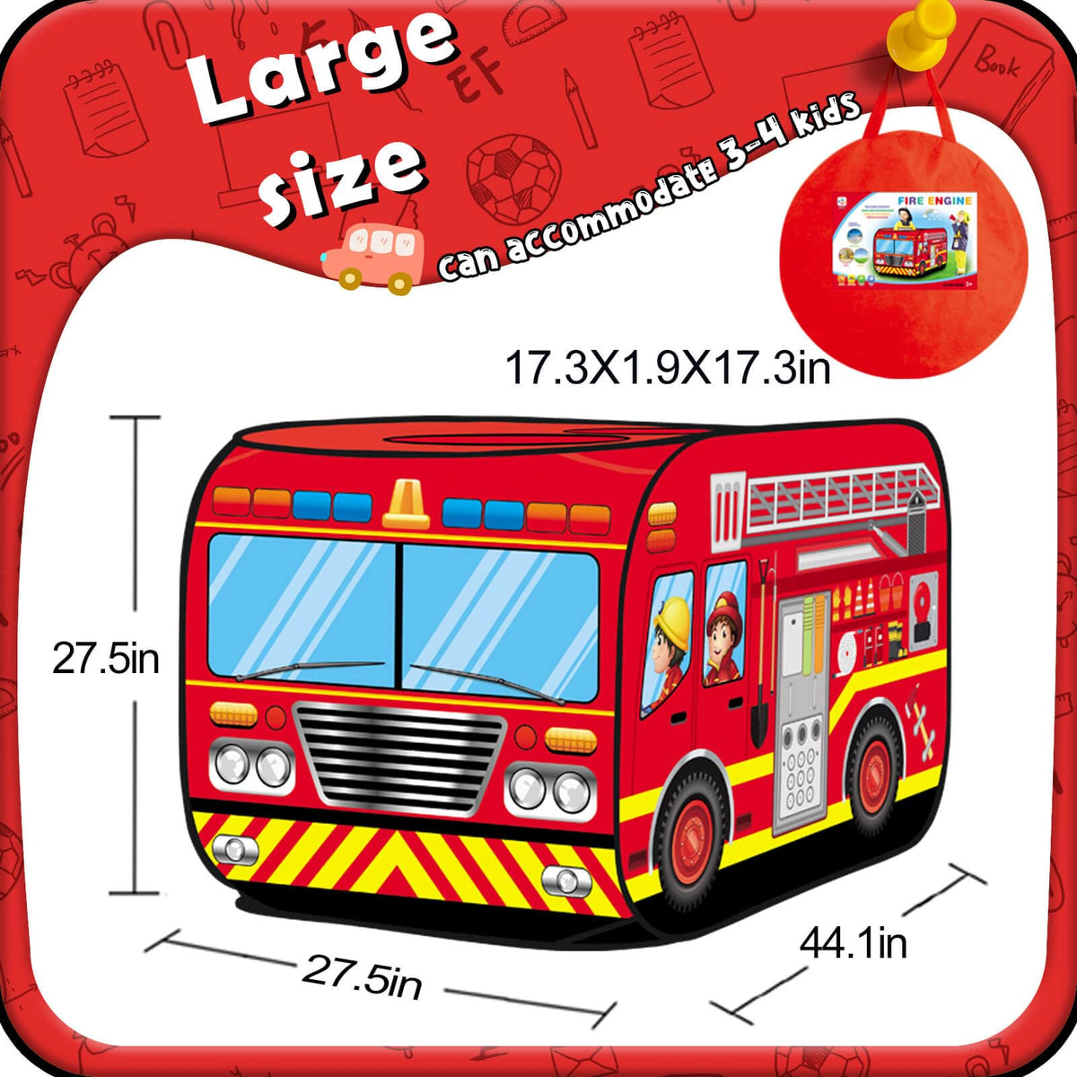 Britik Fire Truck Pop Up Tent Kids, Indoor Outdoor Playhouse Toy for 3+