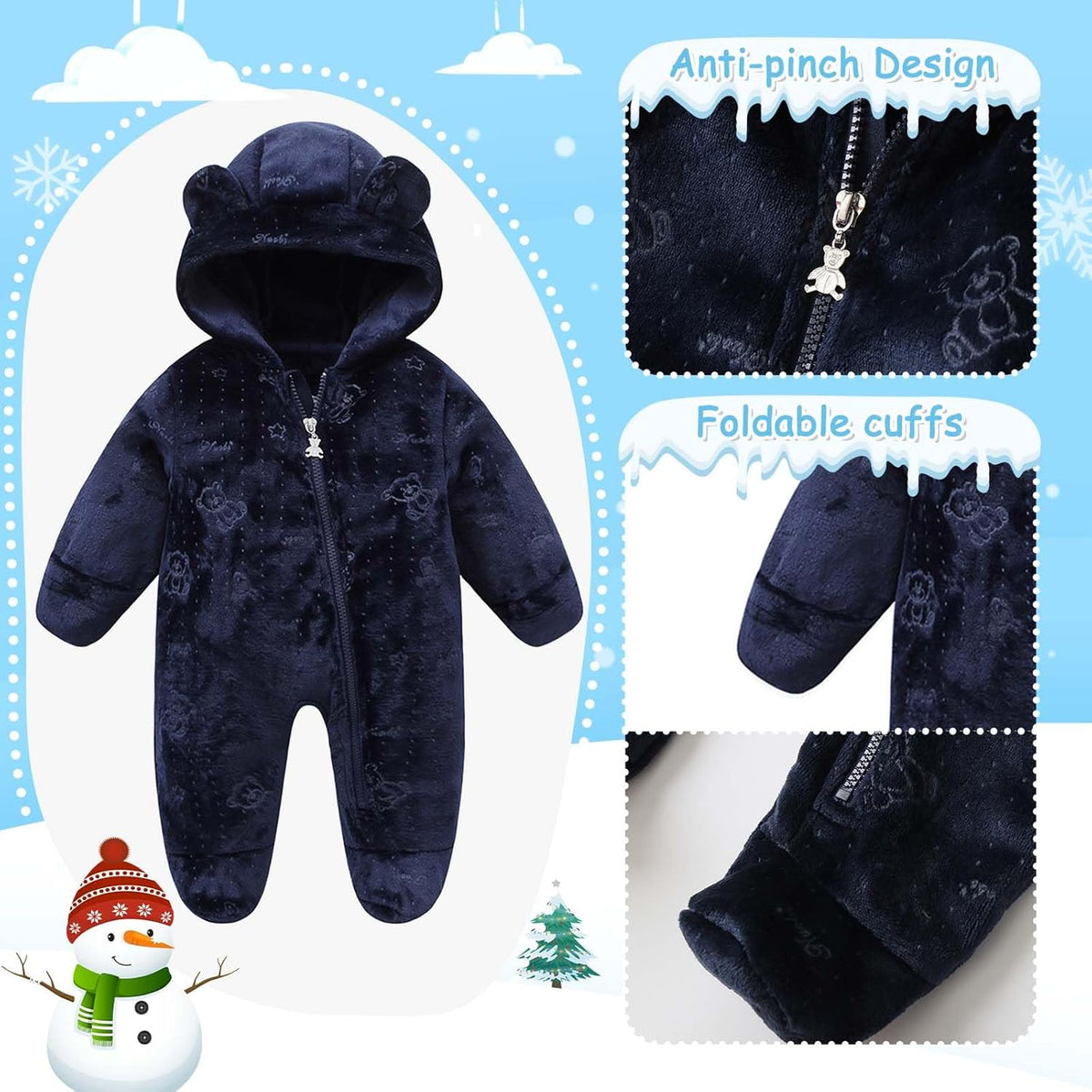 Fairy Baby Newborn Baby Bear Onesie Thin Fleece Footie Romper Snowsuit Hooded Jumpsuit Bodysuit