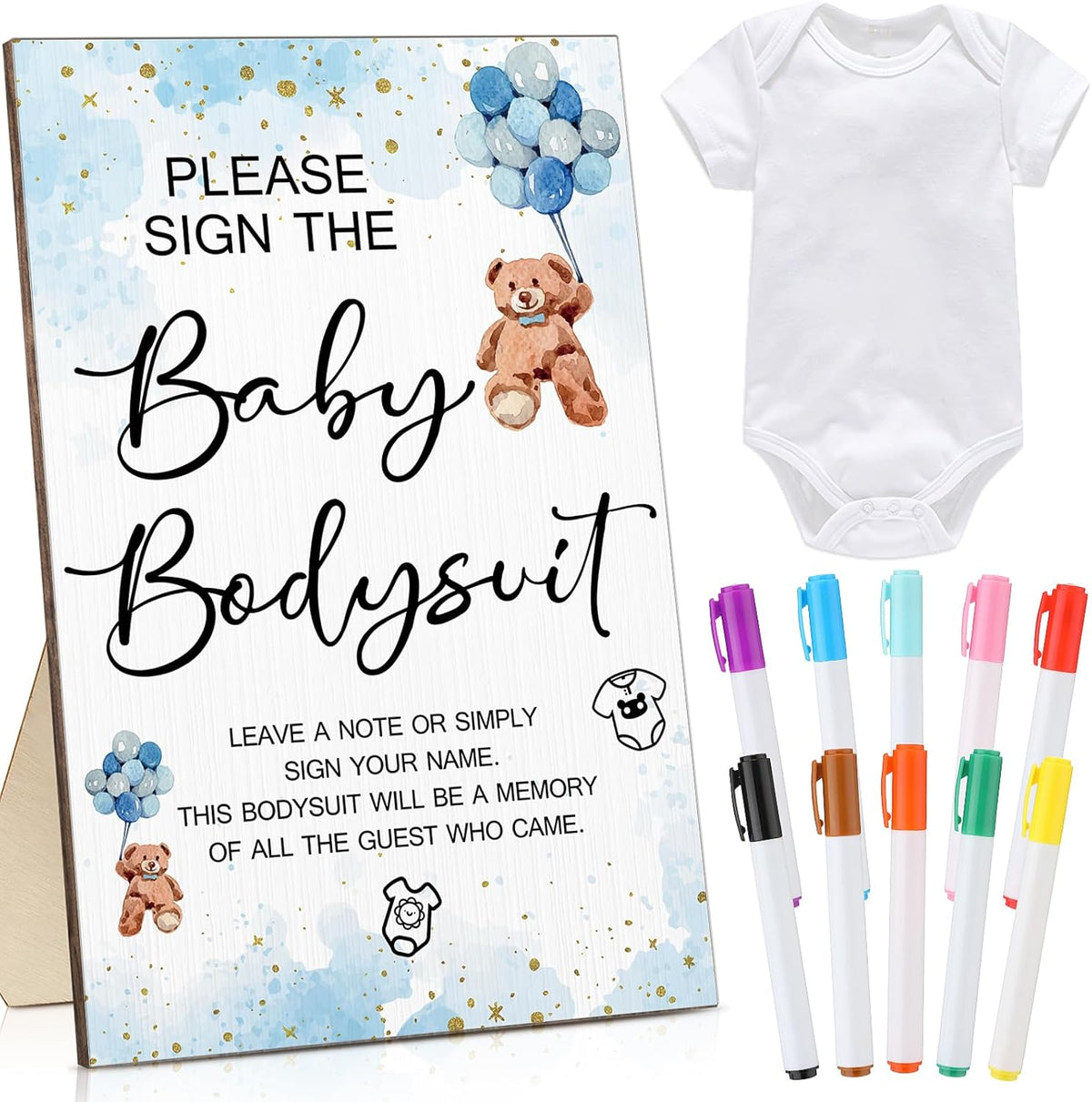 Qunclay 12 Pcs Baby Bodysuit Baby Shower Game Include 1 Game Wooden Sign Tabletop Decor 1 White