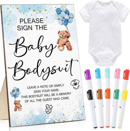 Qunclay 12 Pcs Baby Bodysuit Baby Shower Game Include 1 Game Wooden Sign Tabletop Decor 1 White