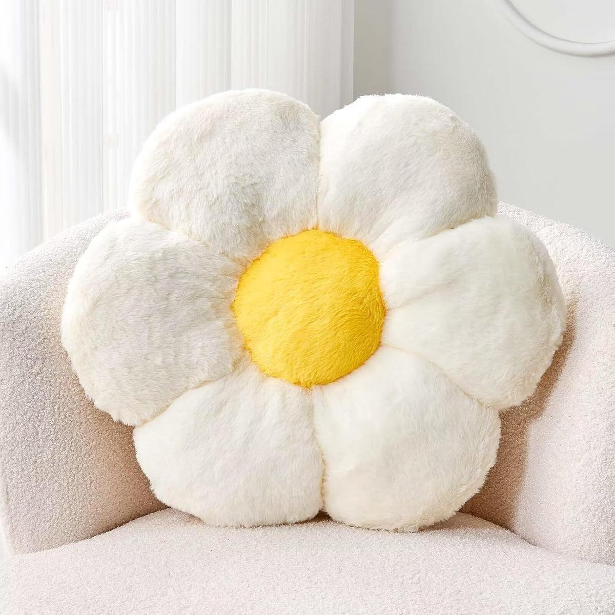 White Flower Plush Throw Pillow, Cute Decorative Flower Shaped with Faux Rabbit Fur, 14.9" Soft