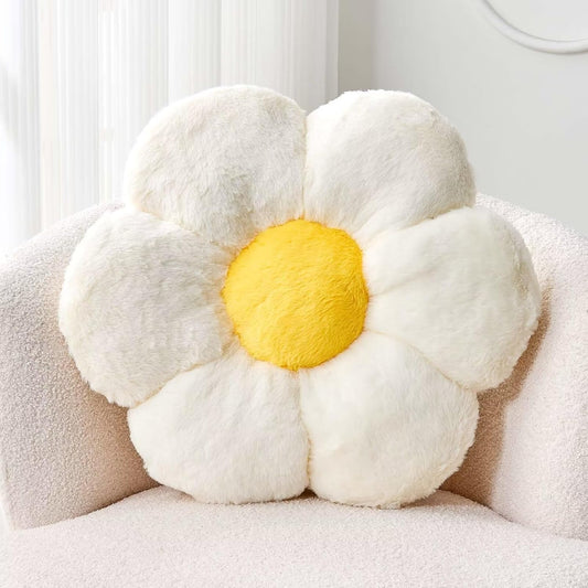 White Flower Plush Throw Pillow, Cute Decorative Flower Shaped with Faux Rabbit Fur, 14.9" Soft