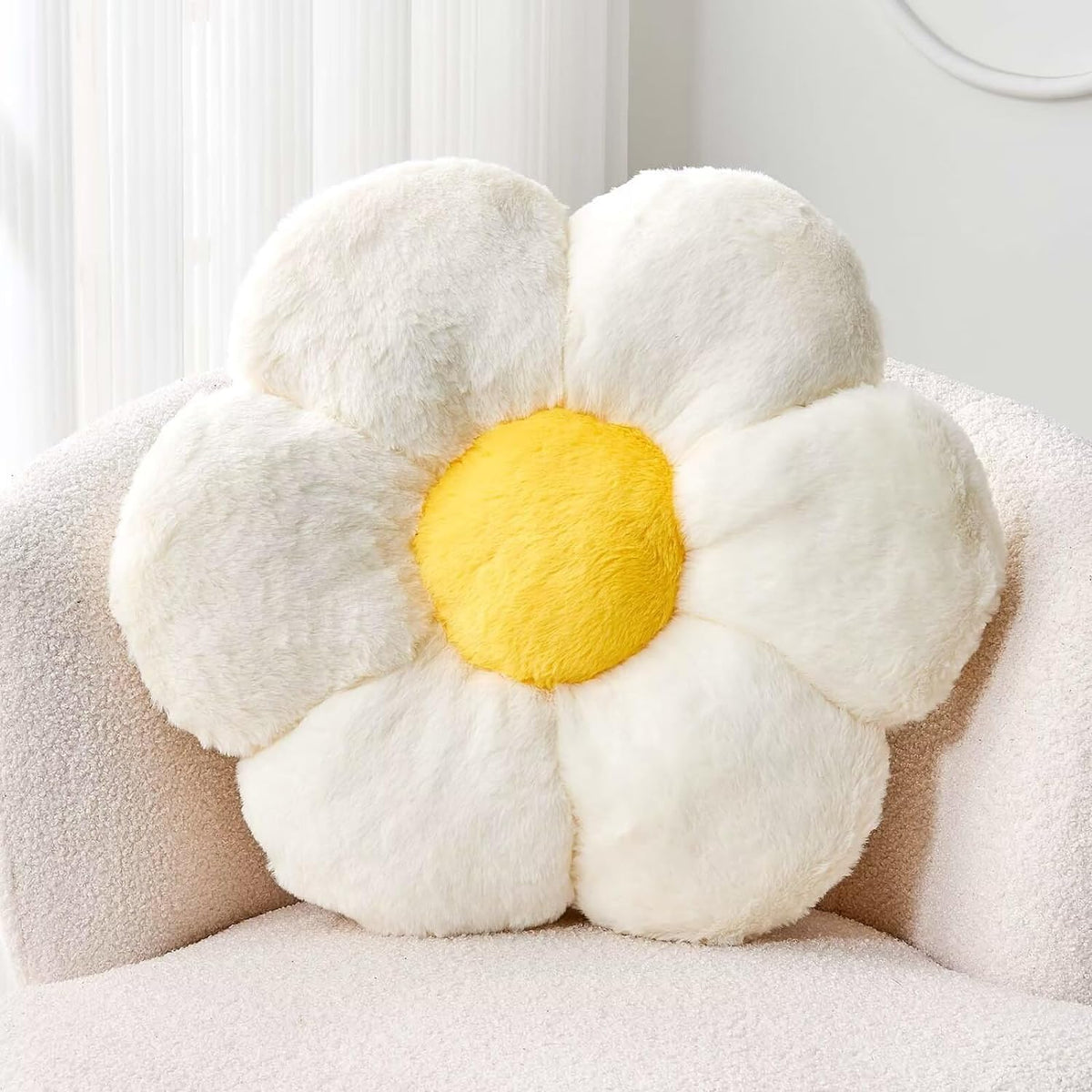 White Flower Plush Throw Pillow, Cute Decorative Flower Shaped with Faux Rabbit Fur, 19.6" Soft