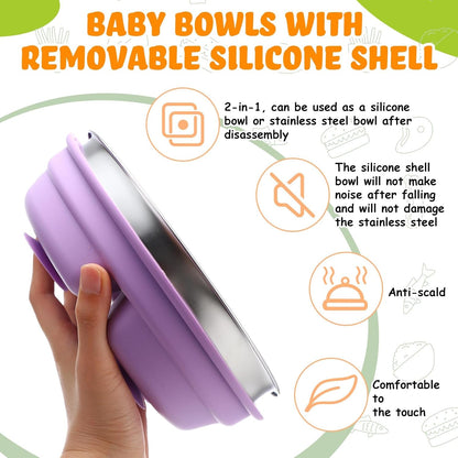 Nuogo 2 Pcs Stainless Steel Baby Suction Plates with Removable Silicone Shell 2-in-1 Metal Toddler