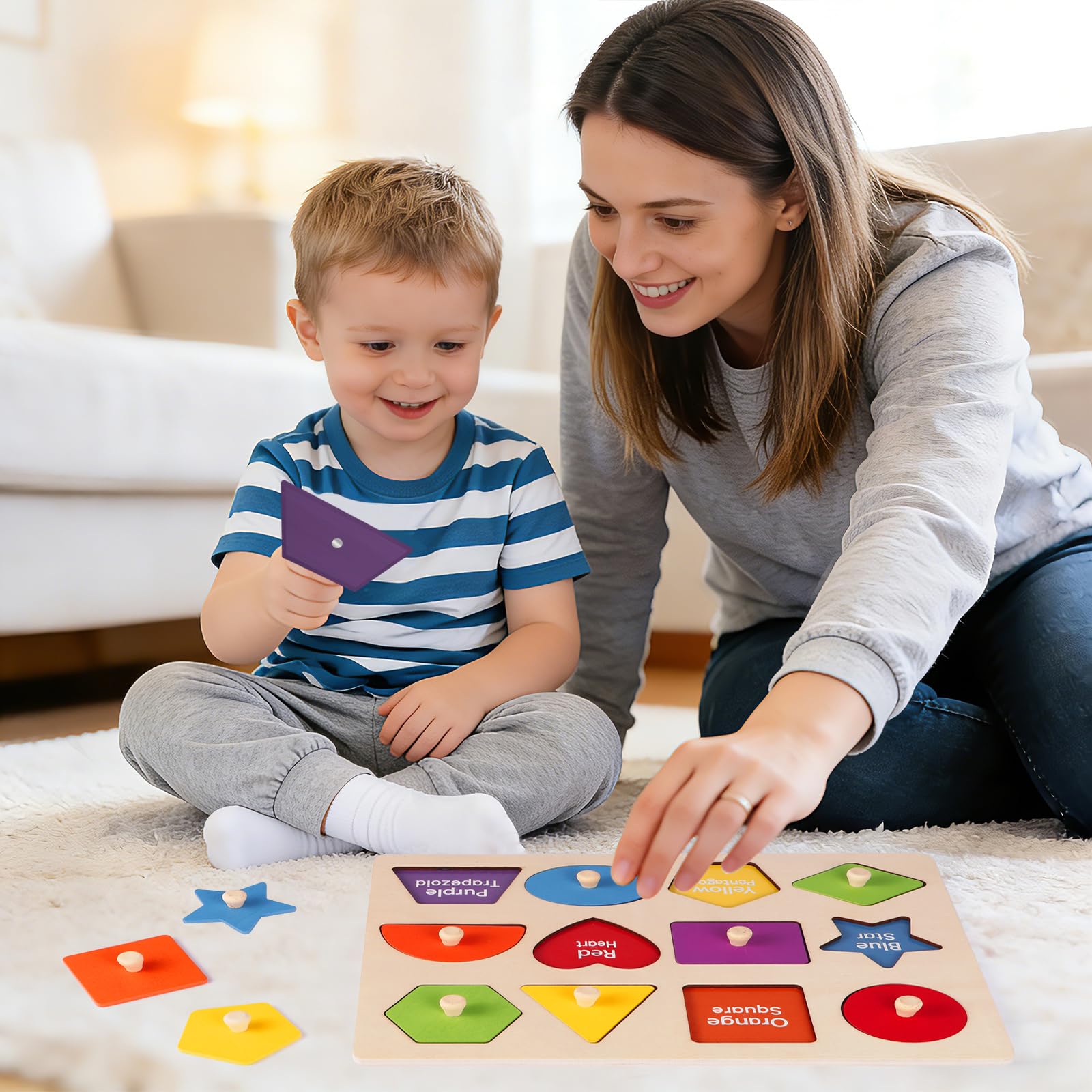 JOLSNAF Montessori Wooden Peg Shape Puzzles for Toddlers