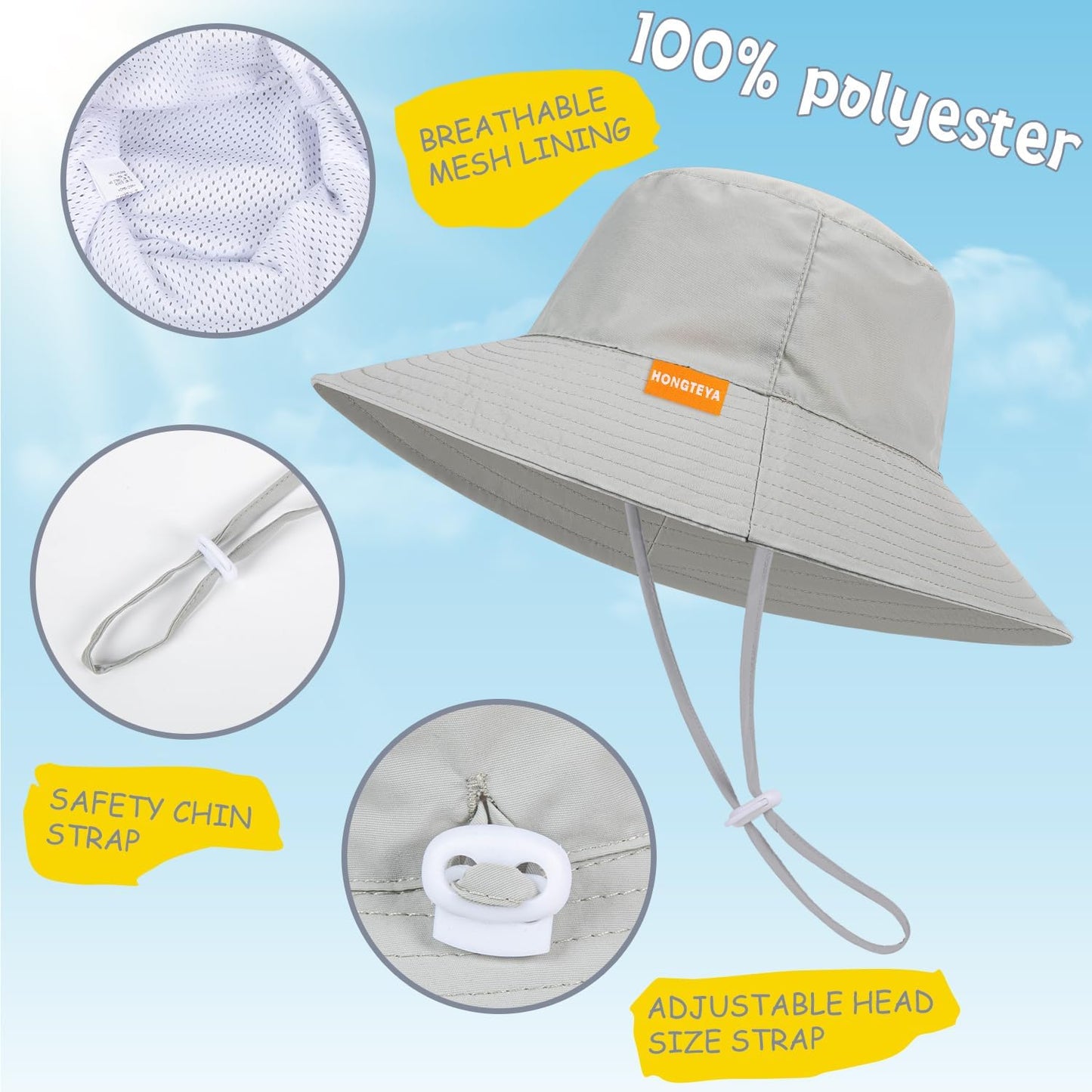 Baby Sun Hat Kids Summer UPF 50+ Toddler Bucket Hat Wide Brim Adjustable Beach Hats for Boys Girls