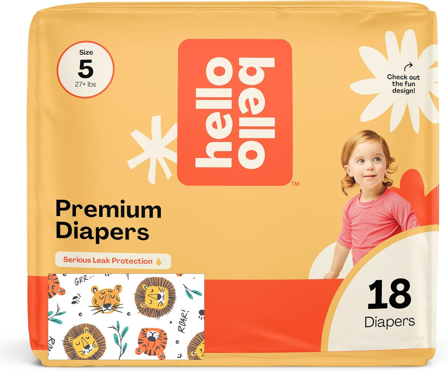 Hello Bello Diapers, Size 5 (27 lbs) Wild Cats, 18 Count of Premium Disposable Baby Diapers
