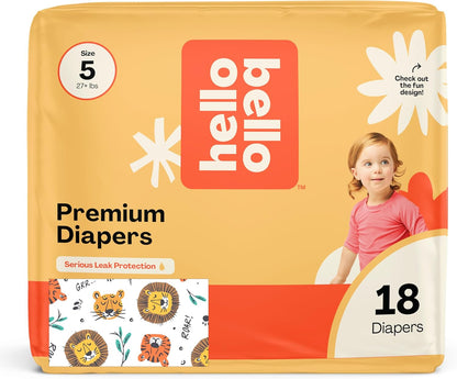 Hello Bello Diapers, Size 5 (27 lbs) Wild Cats, 18 Count of Premium Disposable Baby Diapers