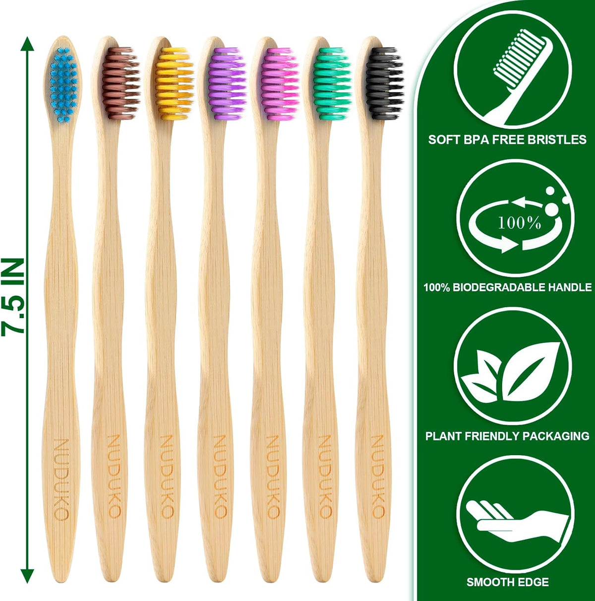Biodegradable Bamboo Toothbrushes, 10 Piece BPA Free Soft Bristles Toothbrushes, Natural