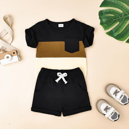 Baby Boy Clothes Toddler Boy Summer Outfits Short Sleeve Patchwork Top T-shirt & Pocket Pant Set 2