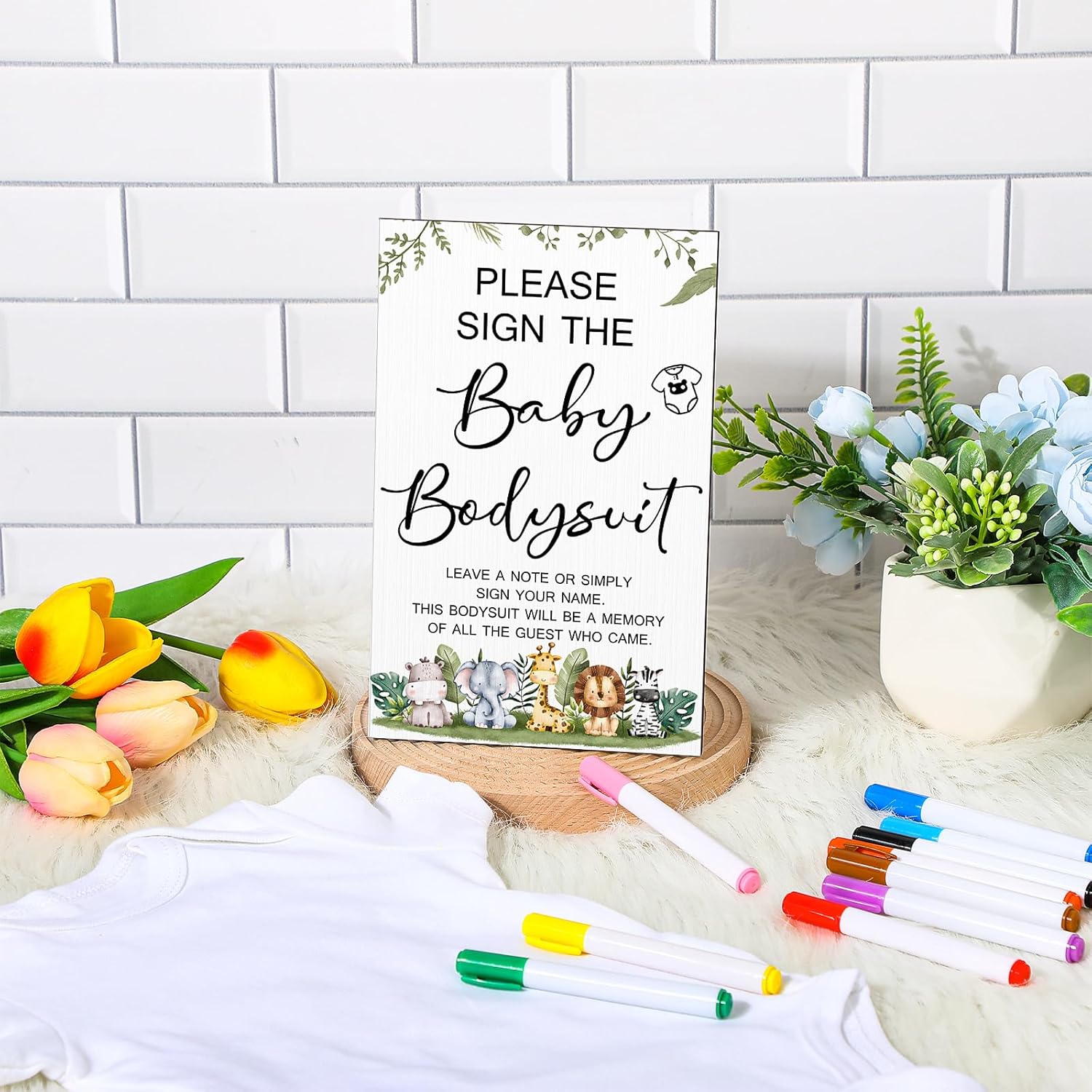 Qunclay 12 Pcs Baby Bodysuit Baby Shower Game Include 1 Game Wooden Sign Tabletop Decor 1 White