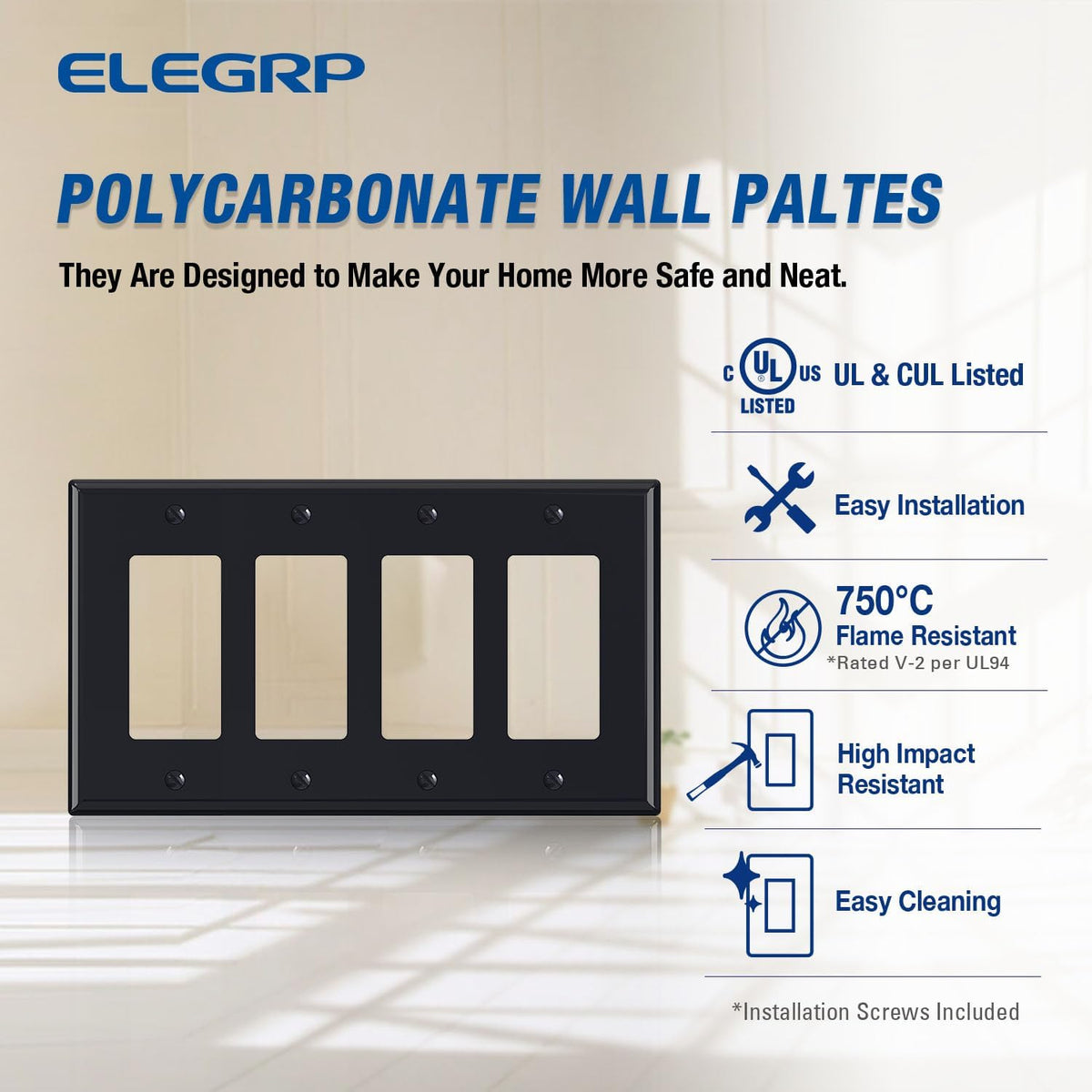 ELEGRP 4-Gang Decorative Wall Plates, Mid-Size 4.88" H x 8.57" L Unbreakable Thermoplastic