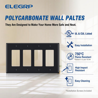 ELEGRP 4-Gang Decorative Wall Plates, Mid-Size 4.88" H x 8.57" L Unbreakable Thermoplastic
