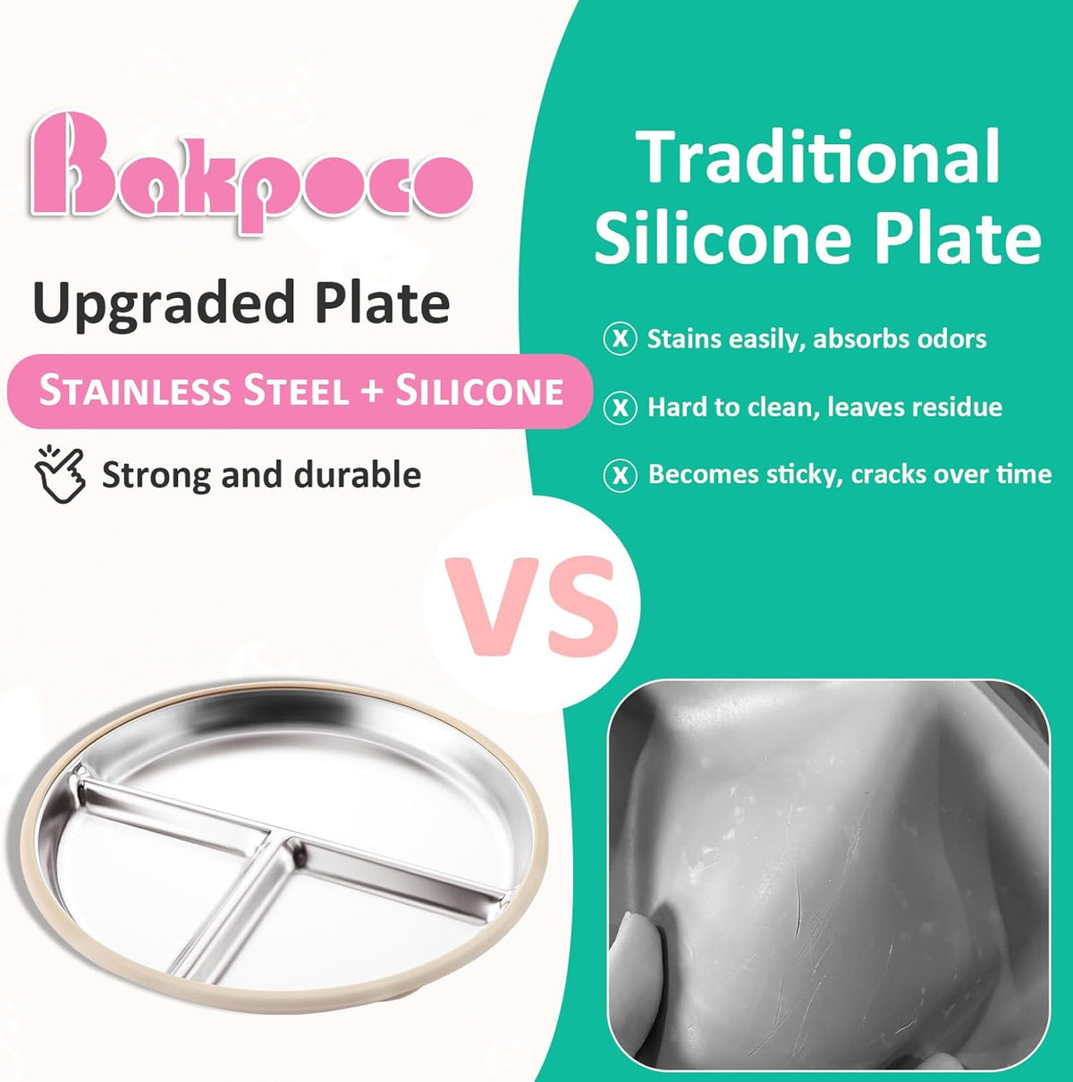 Stainless Steel Baby Plate with Suction, 9” Divided Toddler Plates with Removable Silicone Sleeves