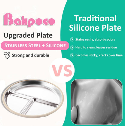 Stainless Steel Baby Plate with Suction, 9” Divided Toddler Plates with Removable Silicone Sleeves