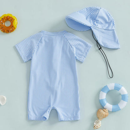 Toddler Baby Boys Seersucker Short Sleeve One Piece Rash Guard Swimsuit Zipper Bathing Suit
