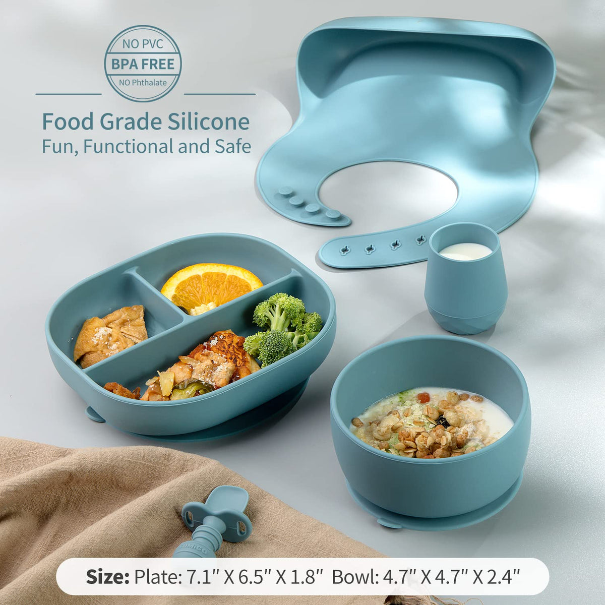 SAMiGO Silicone Baby Feeding Set, Baby Led Weaning Supplies, Suction Bowl Plate Bib Cup Self