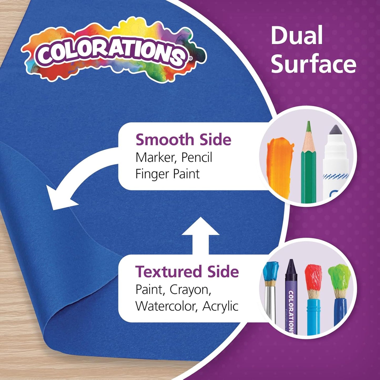Colorations Arts and Crafts Paper Roll - 36" x 1000', Royal Blue, Dual Surface, Markers, Finger