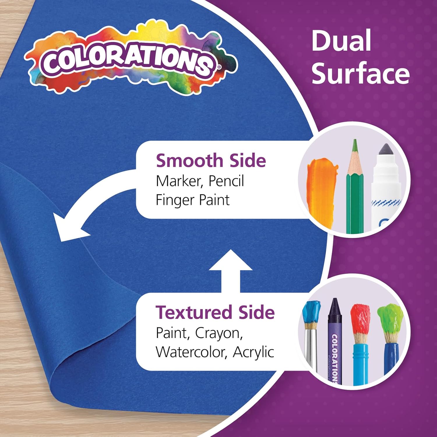 Colorations Arts and Crafts Paper Roll - 36" x 1000', Royal Blue, Dual Surface, Markers, Finger