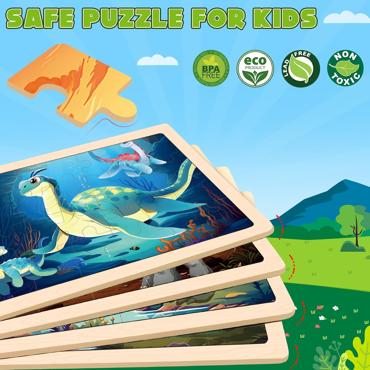 Wooden Dinosaurs Puzzles for Kids Age 3 4 5 Year Old, 4 Pack 24 Pcs Montessori Toddler Jigsaw