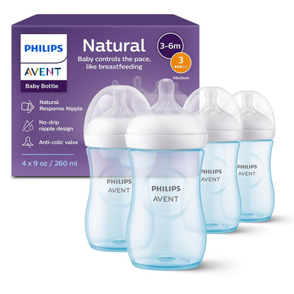 Philips Avent Natural Baby Bottles with Natural Response Nipples (Medium Flow, Flow 3), 9oz, Blue