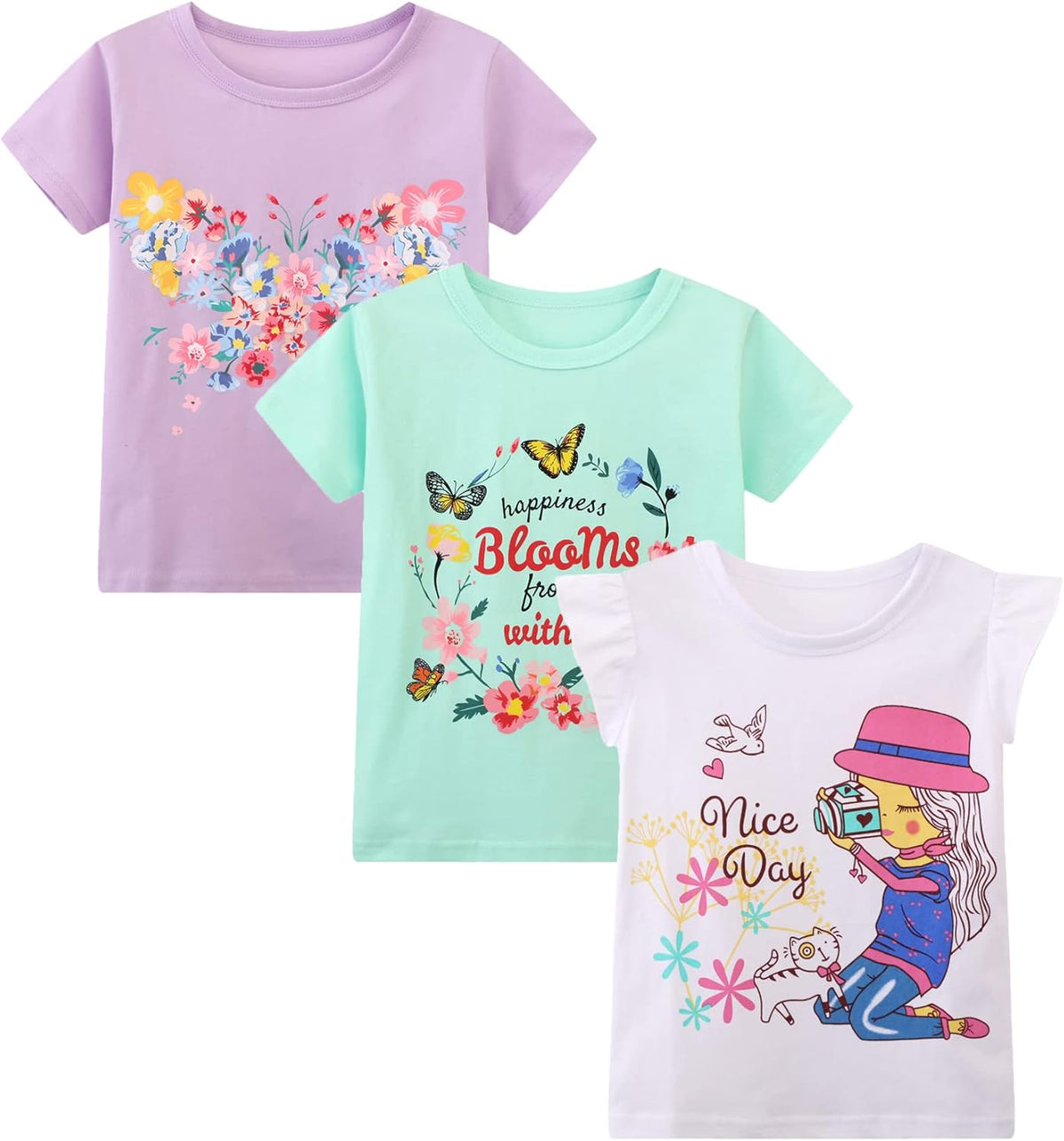 HILEELANG Girls' Tees Ruffle Short Sleeve T-Shirt Cotton Casual Graphic Summer Crewneck Tunic Tops