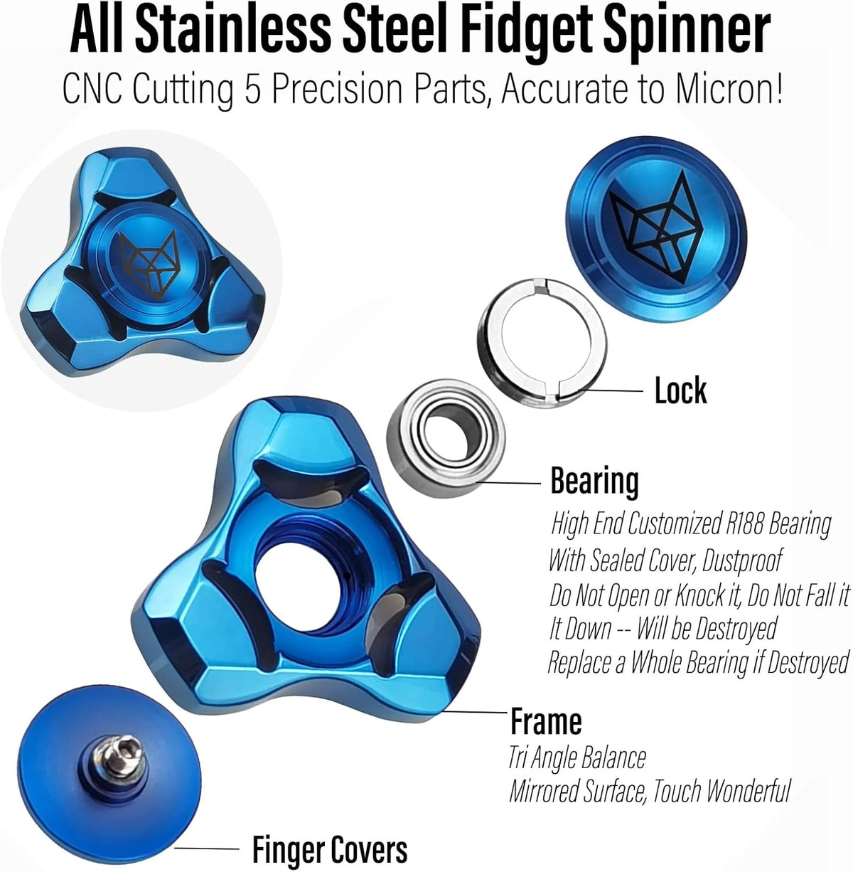 FREELOVE Metal Fidget Spinner, Stainless Steel Heavy, Long Spinning Toys, Cool Silent, Small Mini