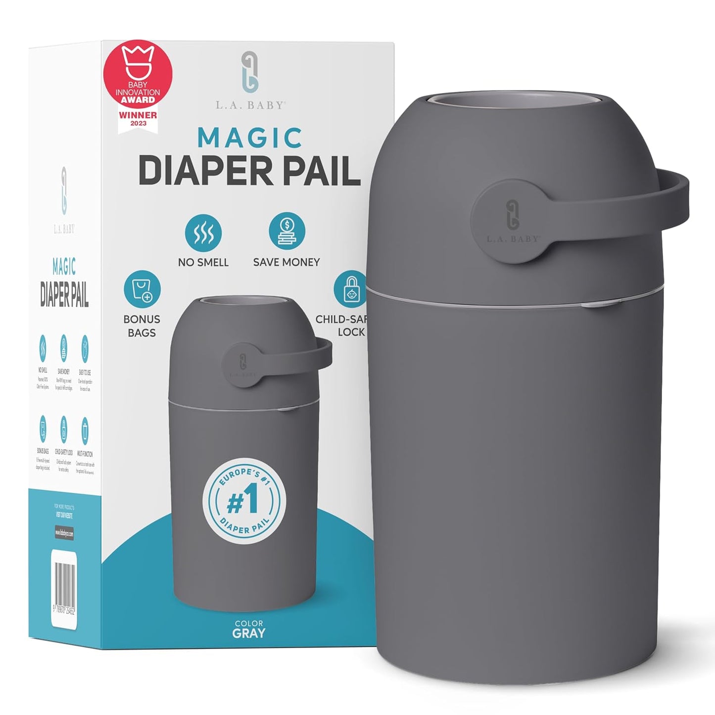 L.A. Baby Magic Diaper Pail - Patented 100% Odor-Free System with Child-Safe Lock - Award-Winning
