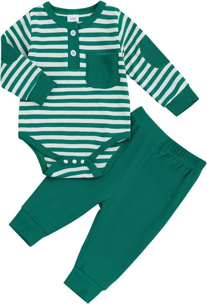fhutpw Baby Boy Clothes 3 6 12 18 Months Ribbed Knitted Long Sleeve Romper and Pants Sets Newborn