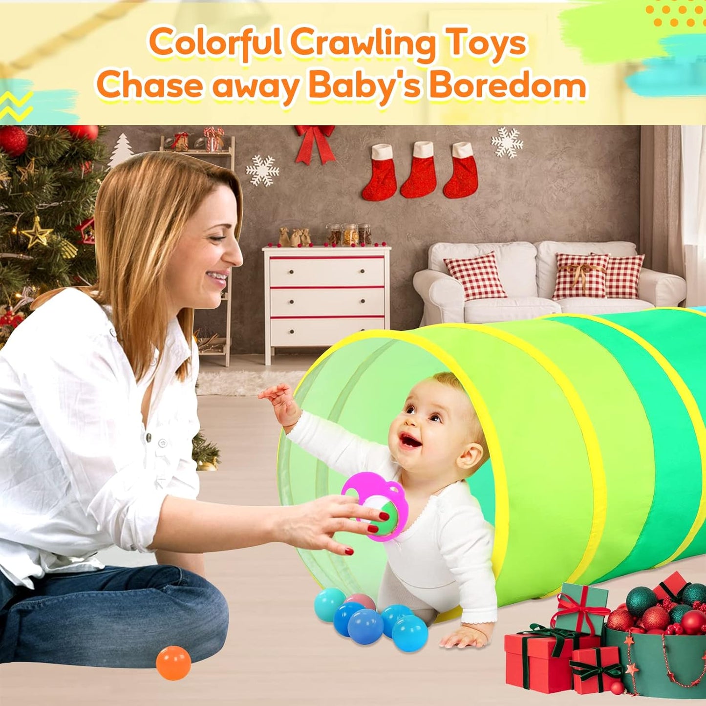 Moncoland Kids Play Tunnel Tent for Toddlers, Colorful Cotton Pop Up Crawl Tunnel Toy for Baby