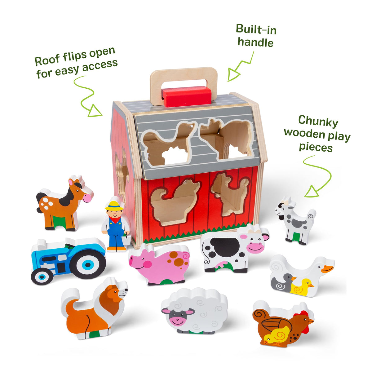 Melissa & Doug Take-Along Wooden Toy Barn, 11-Pc Portable Toddler Playset with Farm Animals &