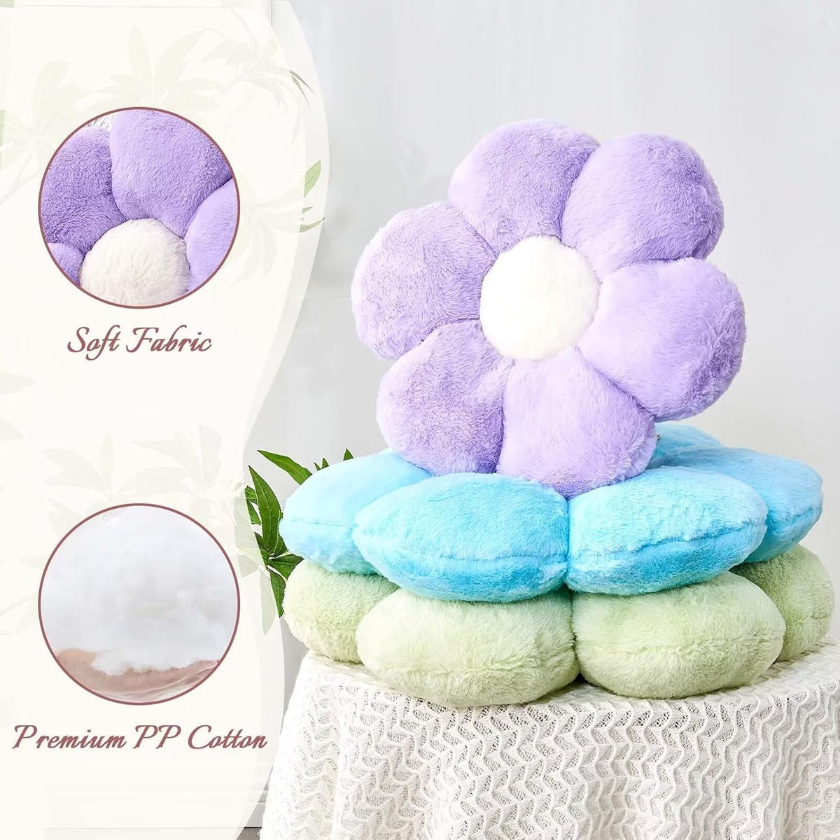 Green Flower Shaped Throw Pillow with Faux Rabbit Fur, 14.9" Soft Plush Throw Pillow for Bedroom