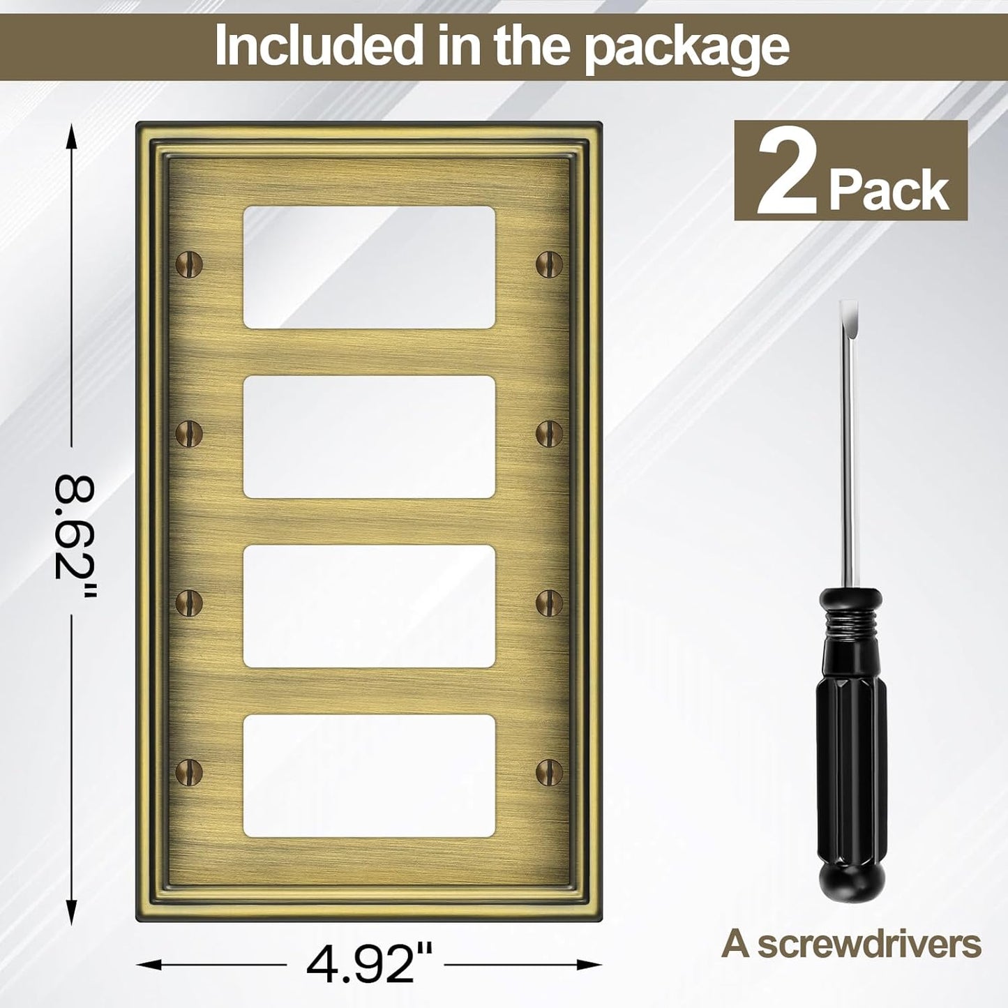 2 Pack Quad Decorator Switch Covers Wall Plate, Antique Brass Metal Material Rocker Switch Plates