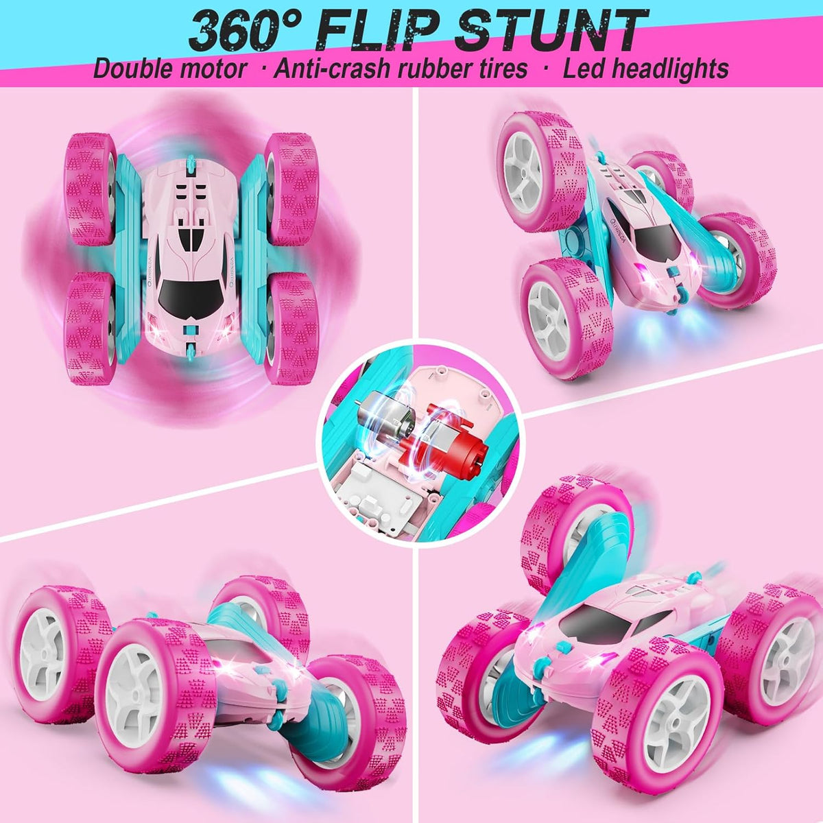 RC Cars, Pink Remote Control Car for Girls, 2.4 GHZ Double Sided RC Stunt Car 360° Rotating Remote