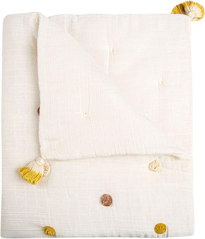 Crane Baby Blanket, 36” x 36”, Soft Cotton Pom Pom Nursery Blanket for Boys and Girls, Cream