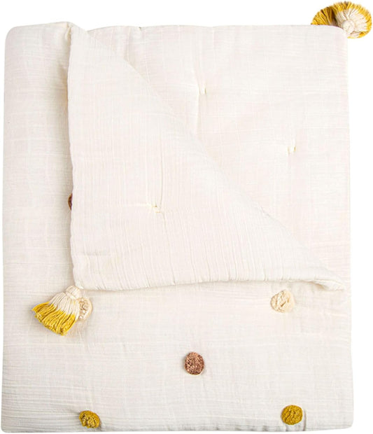Crane Baby Blanket, 36” x 36”, Soft Cotton Pom Pom Nursery Blanket for Boys and Girls, Cream