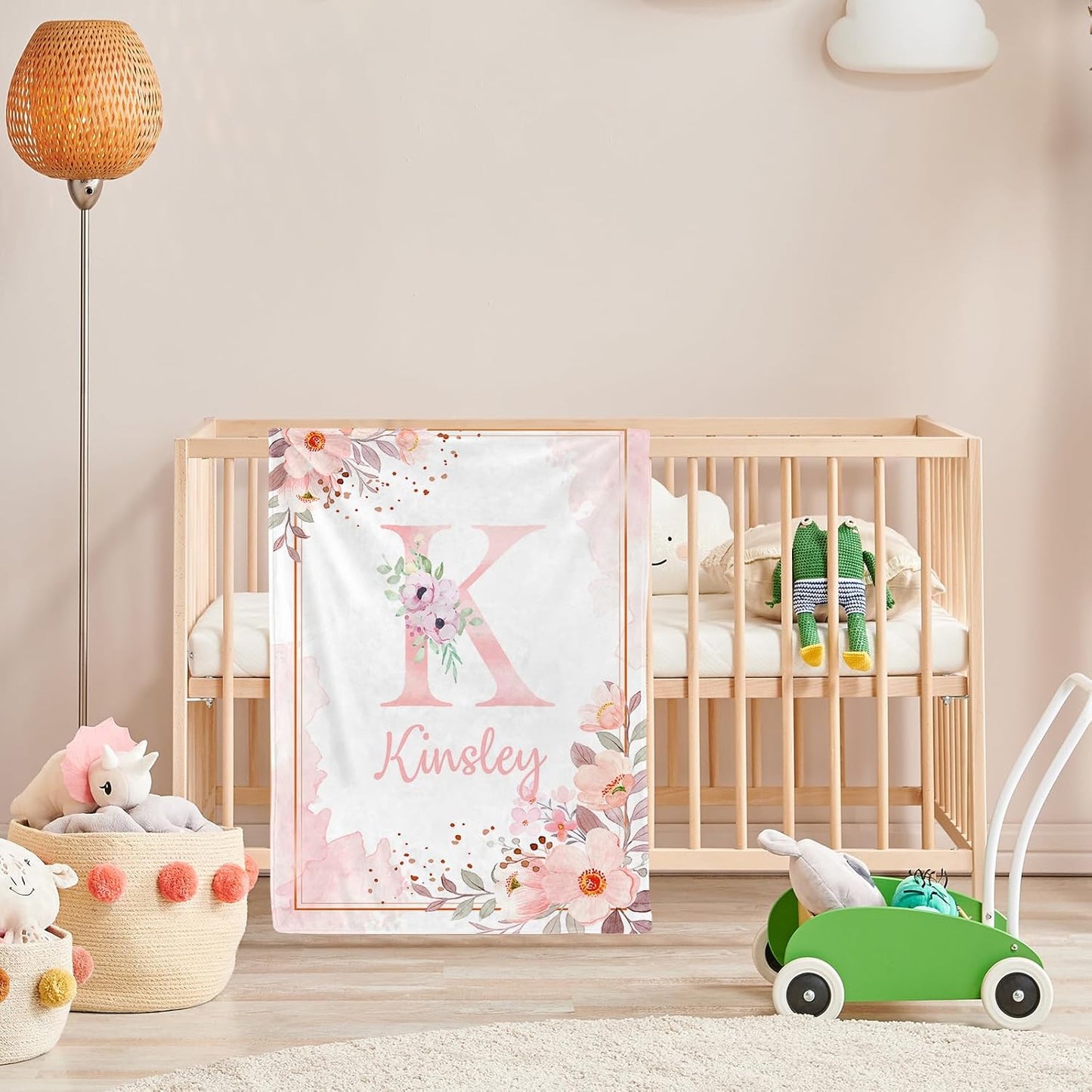 Personalized Baby Blanket with Name, Custom Floral Name Blanket Toddler Girls Soft Flannne