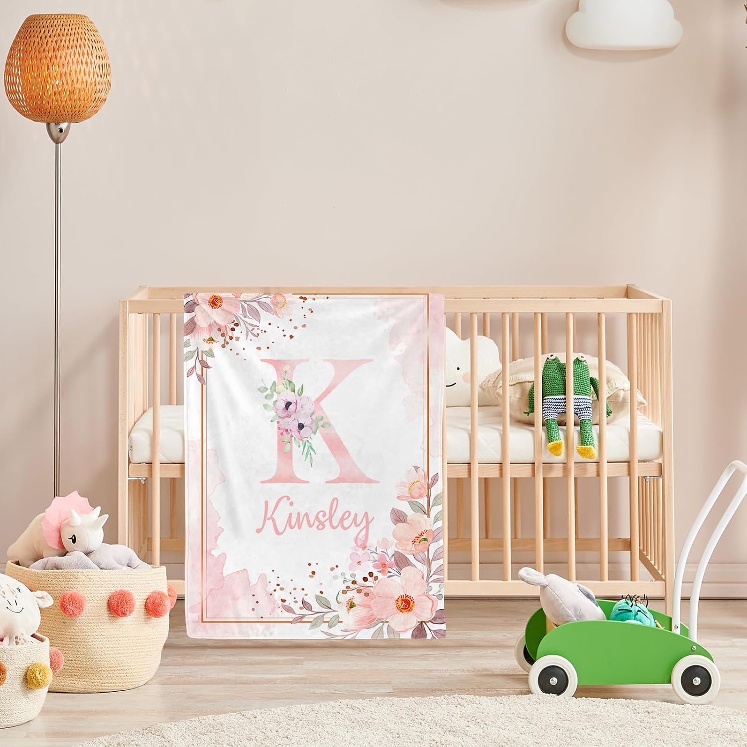 Personalized Baby Blanket with Name, Custom Floral Name Blanket Toddler Girls Soft Flannne