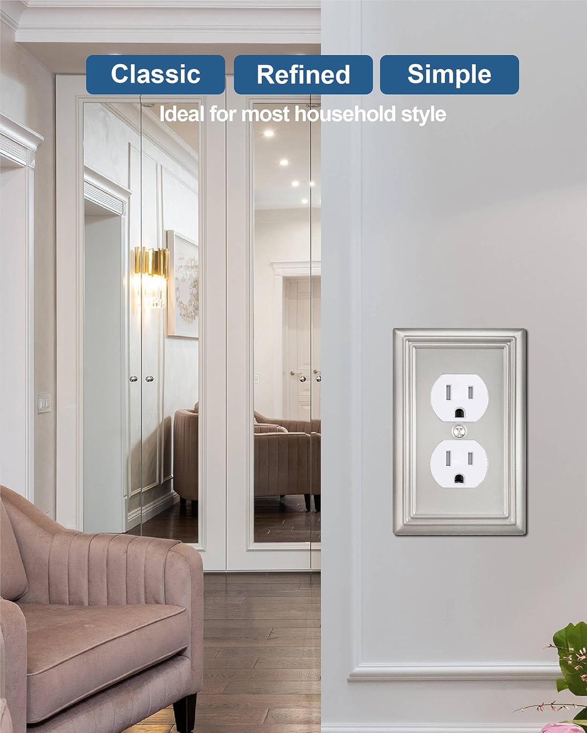 6-Pack Duplex Wall Plate, Decorative Satin Nickel Outlet Cover, Metal Wall Plates for Electrical