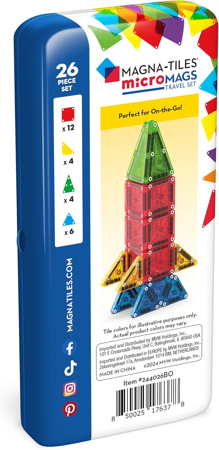 MAGNA-TILES microMAGS 26-Piece Travel Magnetic Construction Set – Bold Colors, The Original