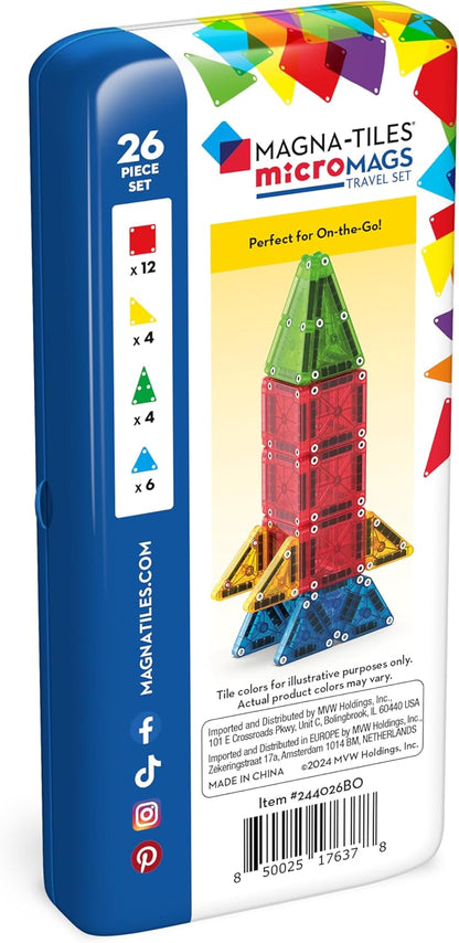 MAGNA-TILES microMAGS 26-Piece Travel Magnetic Construction Set – Bold Colors, The Original
