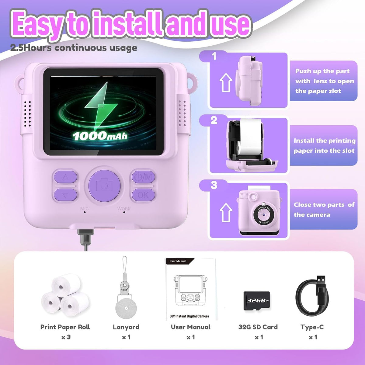 Instant Print Camera for Kids, Christmas Birthday Gifts for Girls Boys, HD Digital Video Cameras