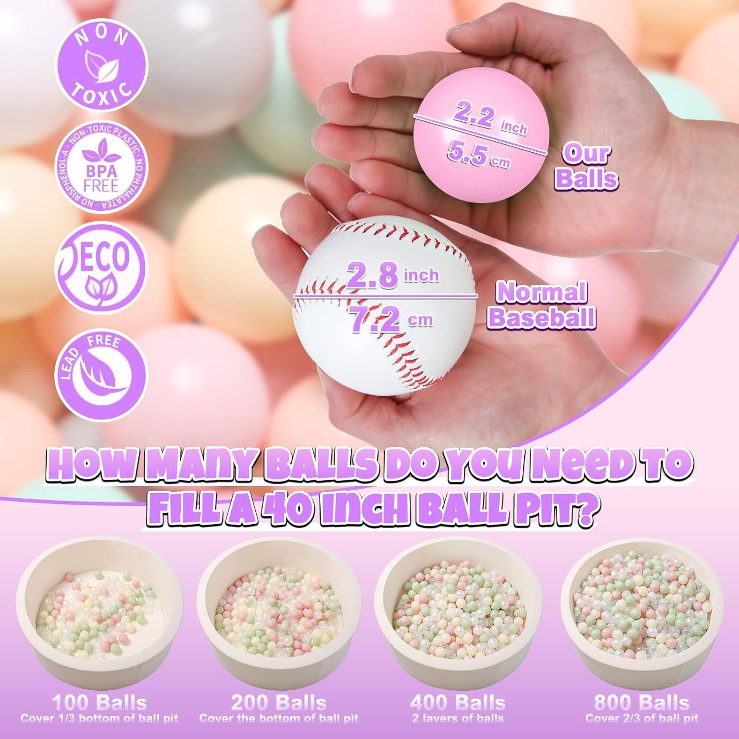 GOGOSO 100 Pit Balls Plastic Balls for Baby Toddlers GirlsToddlers for Playhouse, Baby Pool, Play