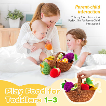 Play Food for Toddler 1-3, Plush Pretend Food Set with Sorting Fruit Basket, Baby Sensory Toys 6-12