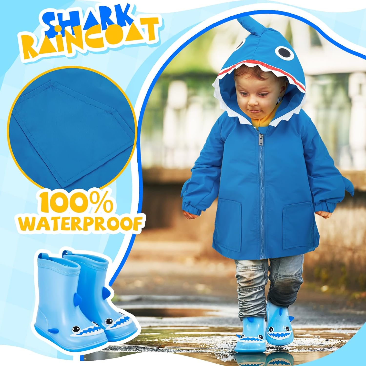 2 Pcs Toddler Raincoat Rain Boots Set Kids Baby Cartoon Hoodie Zipper Jacket Short Rain Shoes for
