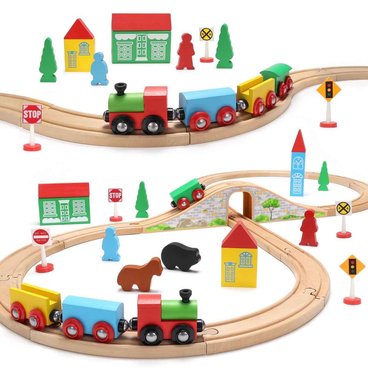 SainSmart Jr. Wooden Train Set for Toddler with Double-Side Train Tracks Fits Brio, Thomas, Melissa